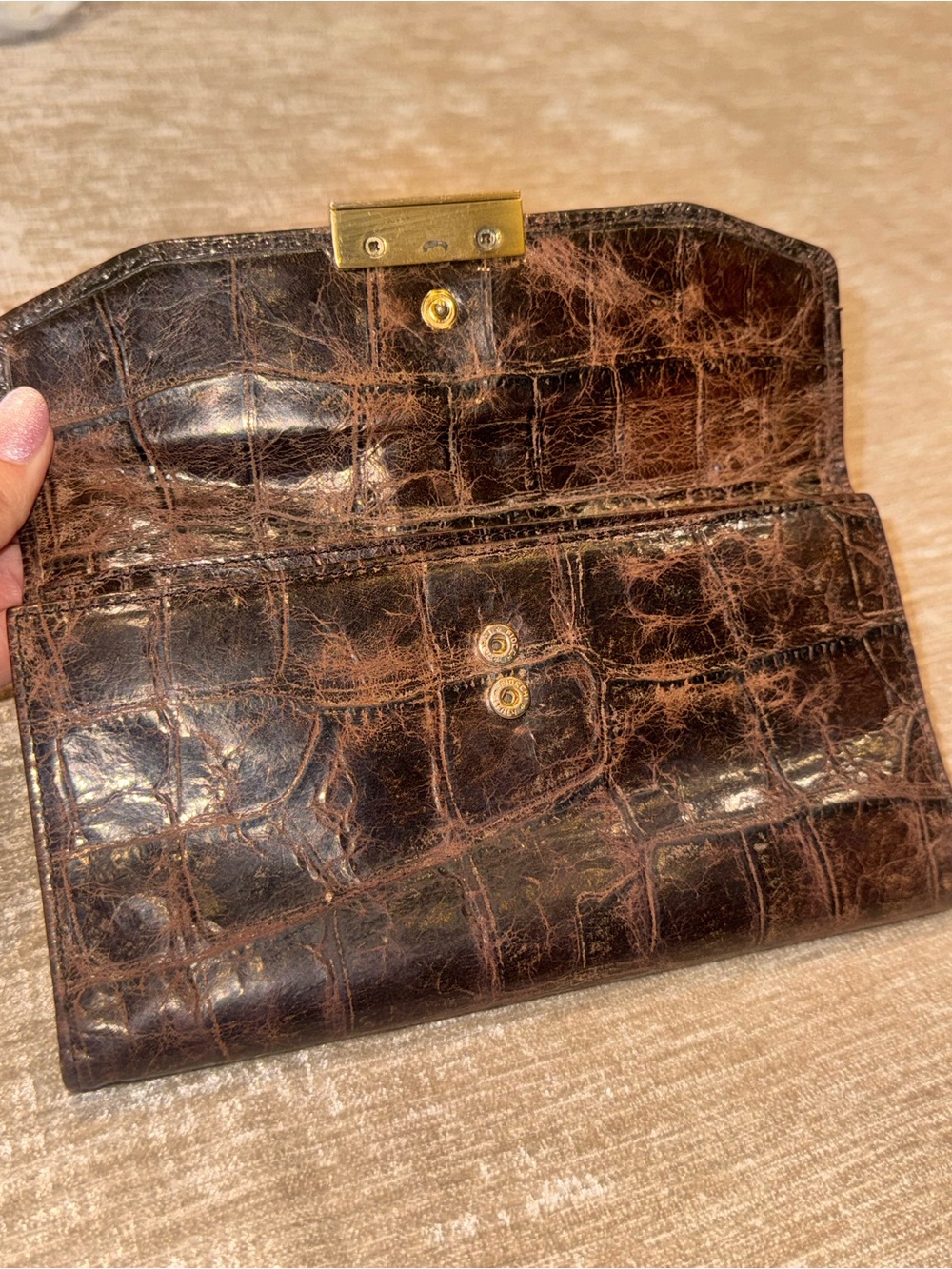 Brahmin Dark Brown Croc-Embossed Leather Flap Wallet with Gold Plaque - Picture 2 of 6